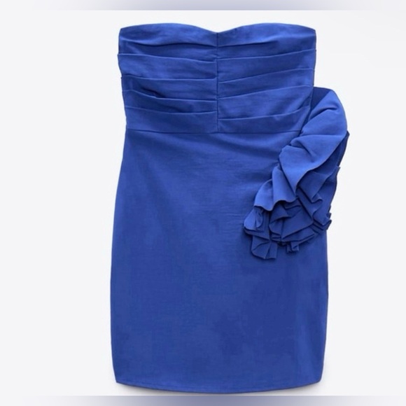 Zara Side Ruffled Strapless Royal Blue Mini Dress - Picture 4 of 8